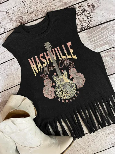 Vista 2 de Nashville - Camiseta sin mangas para mujer, diseño de festival de música country, estampado gráfico, sin mangas, Nash Music