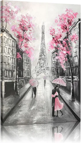Vista 10 de YPY Arte de Pared en Lienzo Floral Azul de París: Imagen de Flor Azul Torre Eiffel Gris para Decoración de Baño, Pintura Texturizada de Paisaje