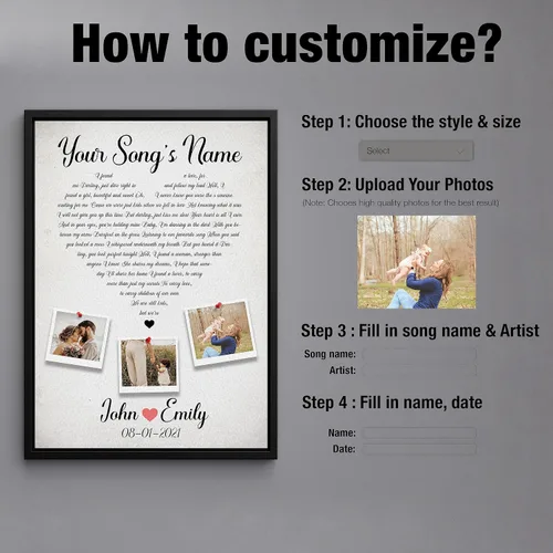 Vista 5 de Letras de canciones personalizadas para pared, lienzo impreso con tu foto, texto, poema, letra. Personaliza el retrato, para esposa, novia, día de 3