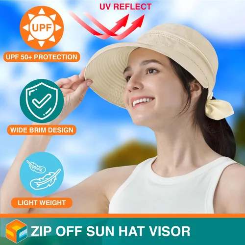 Vista 3 de SUN CUBE Sombrero de sol para mujer para protección UV al aire libre, sombrero de sol de ala ancha, cola de caballo, sombrero de playa convertible