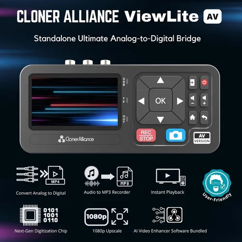 Vista 2 de ViewLite AV, convertidor portátil de audio y video analógico a digital MP4/MP3 con control remoto. Captura CVBS/S-Video/RCA/Compuesto. Caja de TV