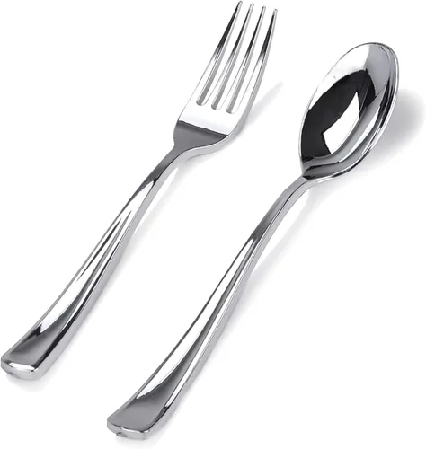 Vista 11 de BUCLA 200 Piezas Cubiertos de Plástico Dorado – Tenedores y Cucharas de Plástico Dorado Estilo Barroco – 100 Tenedores y 100 Cucharas para Bodas Oro