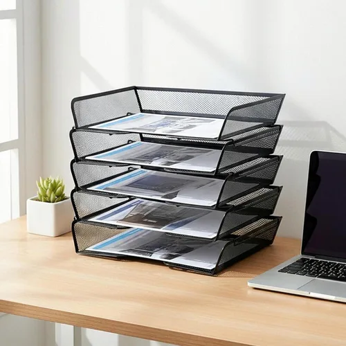 Vista 2 de Organizador de escritorio de malla metálica de 5 niveles, bandejas apilables para suministros de oficina, sistema de almacenamiento de archivos