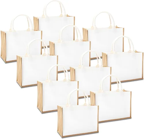 Vista 17 de Bolsa de yute de 14.5 x 6.7 x 10.2 pulgadas, 1 bolsa de arpillera, bolsas de viaje de yute con asa, bolsa de comestibles reutilizable para dama