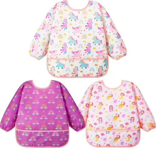 Vista 11 de Lictin 3 Pack Baby Bibs for Boy or Girl, Cute Long Sleeve Bib, Waterproof Bibs for Toddlers Multicolor-1
