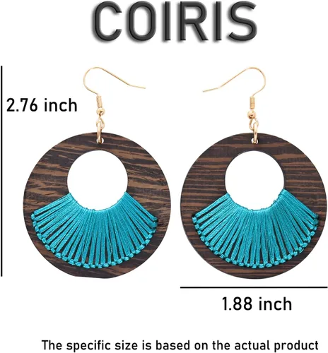Vista 7 de COIRIS - Aretes colgantes geométricos de madera con forma de círculo, de madera hueca, grandes, redondos, ligeros, colgantes