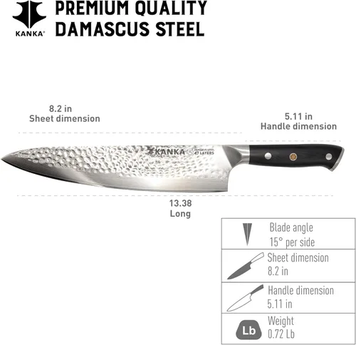 Vista 4 de KANKA Cuchillo de chef de acero Damasco de 8 pulgadas - 67 capas de acero profesional, núcleo de 10Cr, borde afilado 62 HRC, mango ergonómico