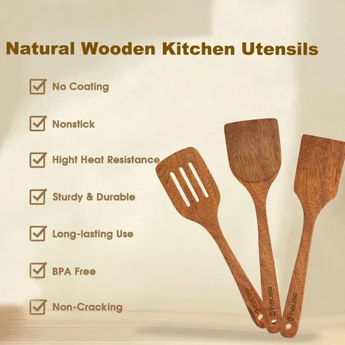 Vista 7 de Juego de 3 espátulas de madera natural, cuchara de cocina de madera maciza, antiadherente, utensilios de cocina ranurados, cucharas de madera