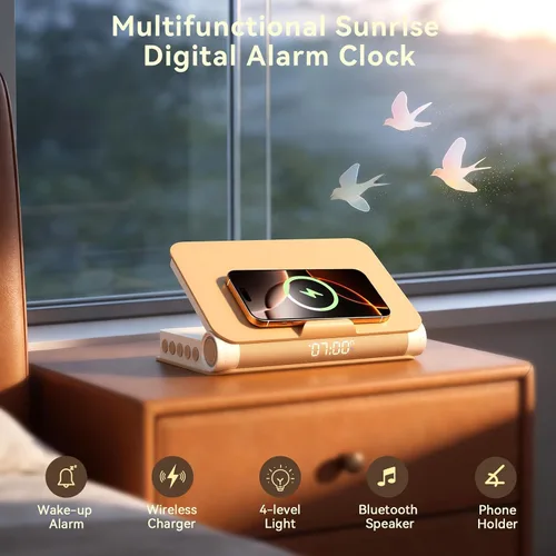Vista 2 de Vivilumens Altavoz Bluetooth de carga inalámbrica 5 en 1 altavoz fuerte para adultos adolescentes forma de libro estética amanecer luz de despertar