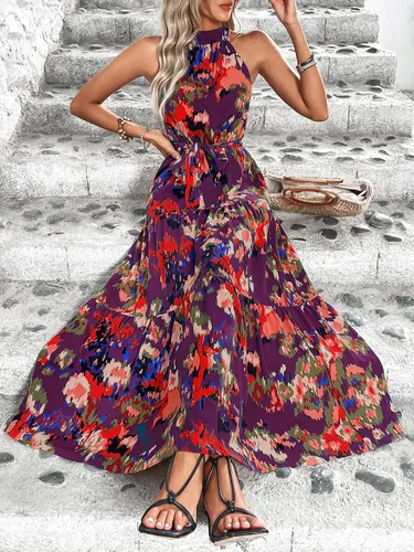 Vista 3 de WDIRARA Vestido largo sin mangas con estampado floral y dobladillo con volantes, acampanado, para verano