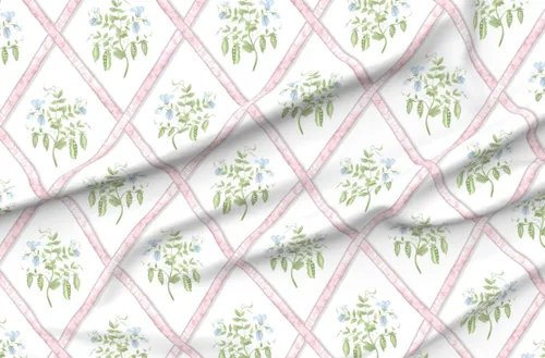Vista 4 de Spoonflower Tela - Cintas de enrejado rosa planta de guisante azul verde Grandmillenial impreso en tela de gasa Fat Quarter - Costura de ropa