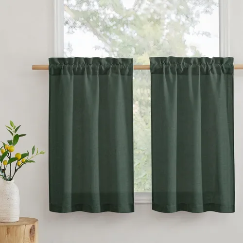 Vista 65 de RYB HOME - Cortinas de café de 24 pulgadas de largo, cortinas cortas de lino traslúcidas para ventana pequeña, cortina de media privacidad con Angora