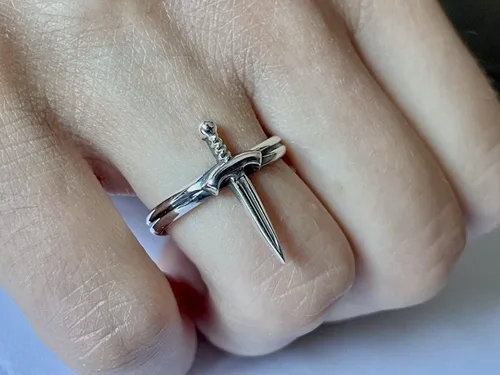 Vista 4 de Anillo de espada de plata de ley 925, banda de daga, ajuste abierto, joyería unisex