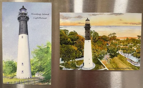 Vista 2 de Imán de nevera de paisaje aéreo de la isla de caza 3.5x5. Beaufort, Carolina del Sur. Hermosa vista de la costa del atardecer. Pintura de acuarela