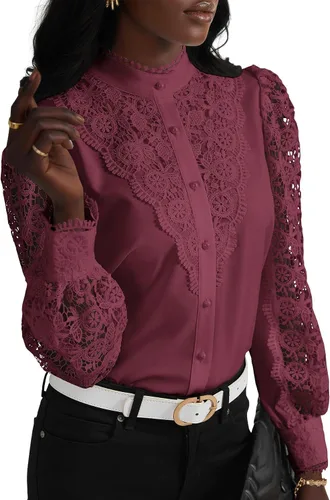 Vista 22 de Rooscier Blusa Elegante de Encaje de Crochet con Cuello Alto Simulado de Manga Larga con Botones para Mujer Top