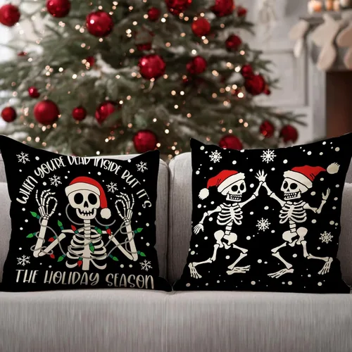 Vista 6 de Juego de 4 fundas de almohada decorativas de esqueleto gótico de Navidad de 18 x 18 pulgadas, diseño de calavera de Navidad, decoración del hogar al