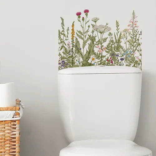 Vista 4 de Adhesivo para inodoro con hojas de plantas verdes, autoadhesivo, extraíble, impermeable, calcomanías de pared para inodoro, baño, cisterna
