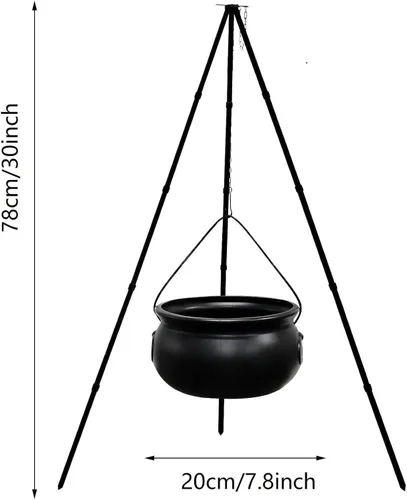 Vista 2 de Decoraciones de Halloween para exteriores, caldero de bruja con luz, soporte de trípode, decoración de cuenco de plástico negro, decoración de cubo