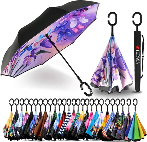 Vista 6 de SIEPASA Paraguas Invertido Reverso de 4956 Pulgadas, Doble Toldo Extra Grande Ventilado Resistente al Viento Impermeable Paraguas de Golf Tipo