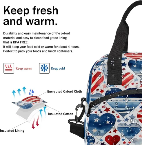 Vista 4 de Lonchera con bandera británica estadounidense, para mujeres, adultos, hombres, reutilizable, linda, lonchera de mano, bolsas enfriadoras