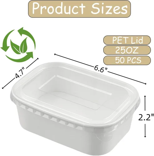Vista 2 de Paquete de 50 cuencos de ensalada desechables con tapas, 25 onzas White Kraft Paper Food Containers, Microwave Freezer Safe, Oil-Proof Rectangular