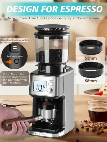Vista 7 de Homtone Molinillo de café expreso con rebabas cónicas – Molinillo de frijoles eléctrico continuo de 2.008 in con ajustes de molienda, temporizador