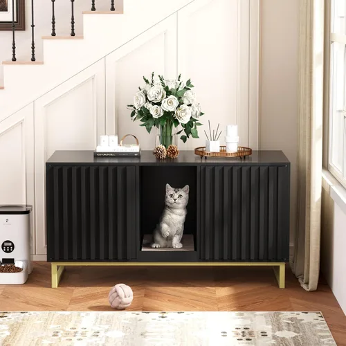 Vista 16 de Halitaa Caja de Arena para Gatos, Mueble Moderno de Caja de Arena para Gatos Caja de Arena Oculta con Almohadilla para Rascar, Mesa Auxiliar Casa