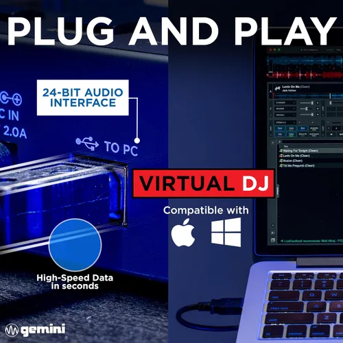 Vista 9 de Gemini Sound GMX - Controlador DJ Versátil y Reproductor Multimedia - Sistema Compacto USB/MIDI con VirtualDJ LE, Ideal para DJs Móviles