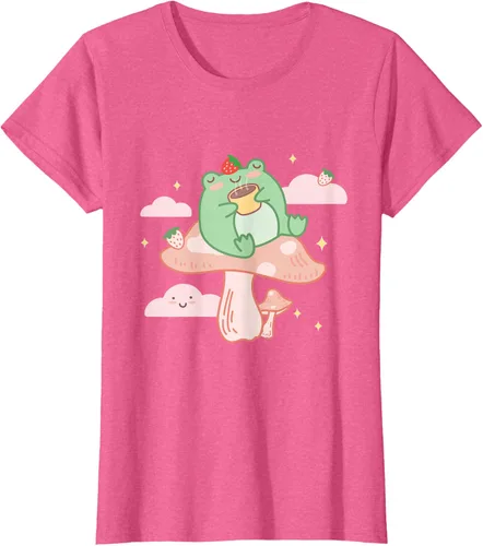 Vista 56 de Kawaii Strawberry Frog On Mushroom - Camiseta de manga corta de anime, Azul / Patchwork, S Azul Pastel