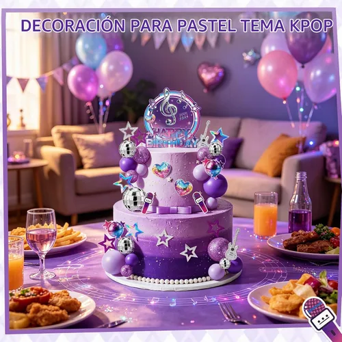 Vista 2 de 38 adornos morados para tartas musicales, disco y bola morada, papel, guitarra, micrófono, decoración de pastel de estrellas para Kpop, suministros