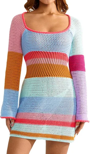 Vista 8 de Fabumily - Vestido mini de punto y ganchillo para mujer, manga larga, colorido, de malla, cubrecosturas casuales, suéter de playa de verano blanco