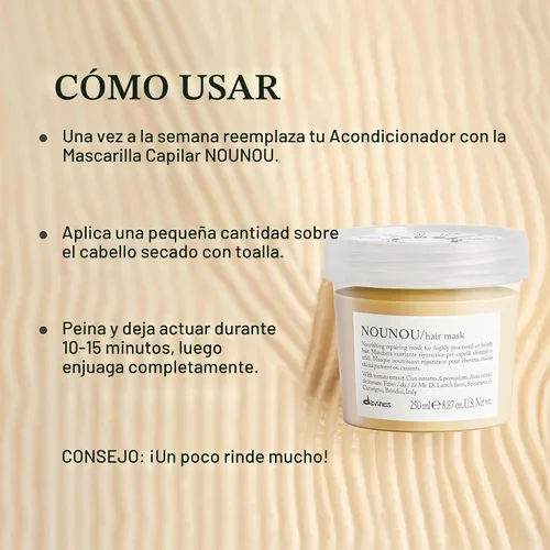Vista 3 de Davines NOUNOU - Mascarilla capilar reparadora para cabello altamente procesado, tratado químicamente, seco, dañado o quebradizo, restaura