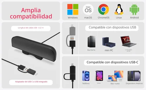 Vista 5 de Altavoces de computadora para PC de escritorio, altavoces de monitor, enchufe USB, con cable, altavoz externo para portátil, barra de sonido