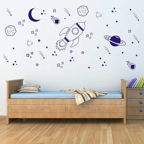 Vista 6 de A37 - Decoración de habitación temática de espacio negro - Calcomanías de pared de cohete y barco para guardería de bebés y niños