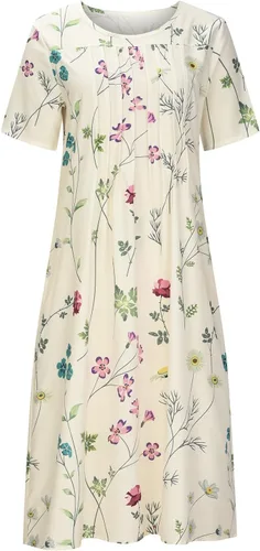 Vista 6 de Vestido casual con estampado floral para mujer, vestido de verano con cuello redondo, manga corta, plisado, vestido midi para fiesta en la playa