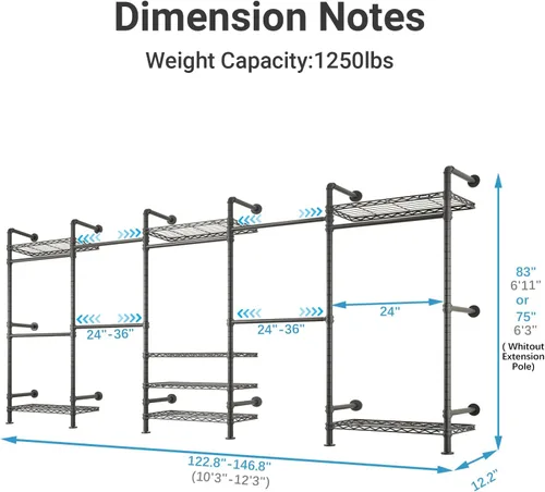 Vista 4 de Timate F5 Perchero de ropa expandible montado en la pared con 8 estantes ajustables y 4 varillas colgantes expandibles, perchero de ropa de tubería