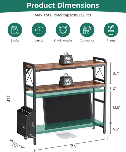 Vista 3 de Estantes de escritorio, soporte para monitor con estantes ajustables y bolsillos laterales, organizador de estantería de escritorio de 2 niveles