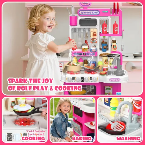 Vista 3 de Juego de cocina para niños, cocina de juego de 36.22 pulgadas para niños pequeños de 1 a 3 años con vapor, sonido y luz, estufa de cocina