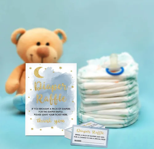Vista 3 de Gihyan Juego de rifas de pañales para baby shower (1 letrero de pie + 50 tarjetas de búsqueda), boletos para sorteo de pañales de luna y estrellas