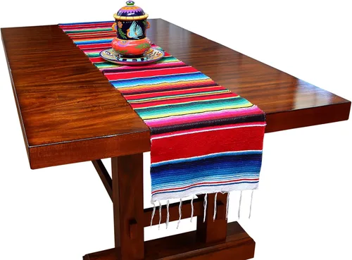 Vista 9 de Camino de mesa colorido a rayas fabricado en México 83x14 pulgadas.