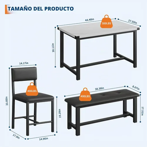 Vista 6 de Juego de mesa de comedor de madera Garvee para 4, mesa de cocina y 2 sillas tapizadas con banco, juego de comedor rectangular, para espacios Mármol