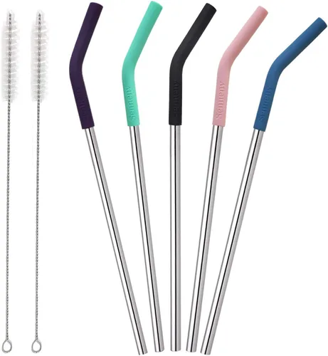 Vista 10 de Juego de 5 pajitas de acero inoxidable Senneny con puntas flexibles de silicona con cubierta de codos, 2 cepillos de limpieza y 1 bolsa portátil