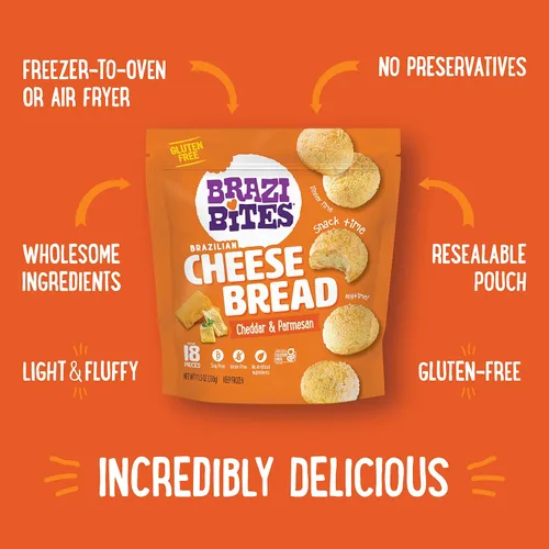 Vista 3 de Brazi Bites Pan de queso brasileño sin gluten: queso cheddar y parmesano Snacks de pan congelados vegetarianos Sin soja Sin ingredientes