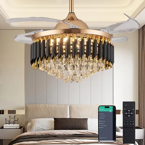 Vista 9 de Ventilador de techo regulable de cristal de 36 pulgadas con luces y control remoto, moderno ventilador de techo retráctil con luces para dormitorio