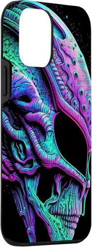 Vista 30 de iPhone 13 Pro Trippy Vaporwave Alien Head Skull Dripping Paint UFO Art Case