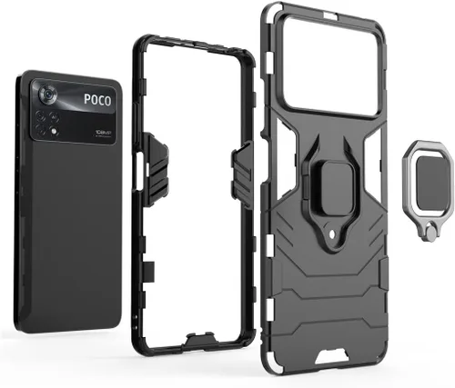 Vista 4 de Compatible con funda Xiaomi Mi Poco X4 Pro 5G, soporte de anillo de metal a prueba de golpes (funciona con soporte magnético para automóvil), Negro
