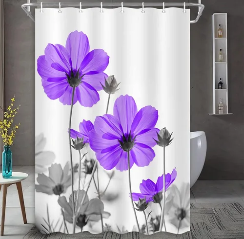 Vista 40 de MERCHR Cortina única floral azul para decoración de baño, cortina de ducha estilo granja con flores de margarita azul y gris elegantes y diseño