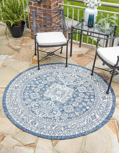 Vista 82 de Unique Loom Outdoor Aztec Collection Alfombra de área, Chalca (5 pies 3 pulgadas, octágono, aguamarina/marfil)