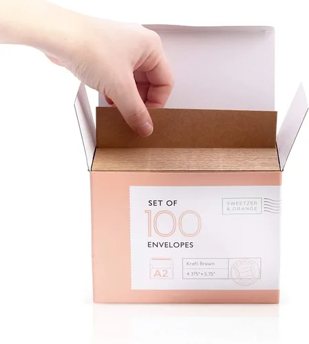 Vista 4 de Sweetzer & Orange Sobres A2 de papel autoadhesivos marrones (100 con caja). Lujo 150gsm para tarjetas de felicitación e invitaciones 4-3/8 x 5-3/4