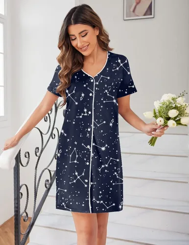 Vista 2 de Ekouaer Camisón de manga corta con botones para mujer, camisón suave con cuello en V